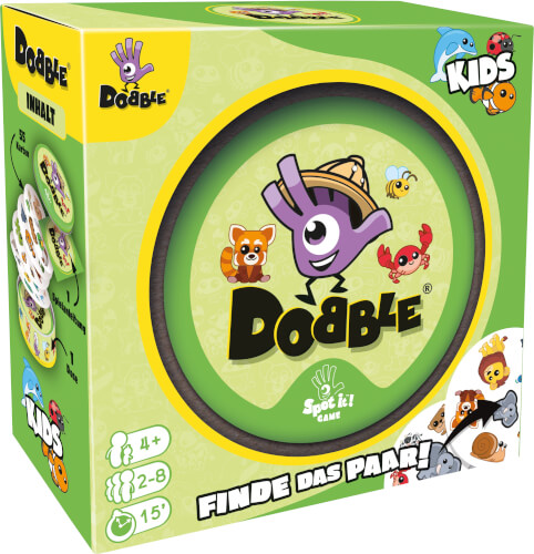 Auf dem Bild ist die Verpackung des Spiels "Dobble Kids" zu sehen. Die Schachtel ist grün und zeigt lustige Tierillustrationen sowie das lila Dobble-Maskottchen.