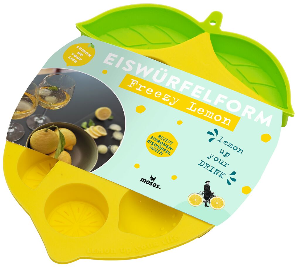 Abgebildet ist die Eiswürfelform Freezy Lemon. Eine Form zum Herstellen von Eiswürfeln in Zitronenform.