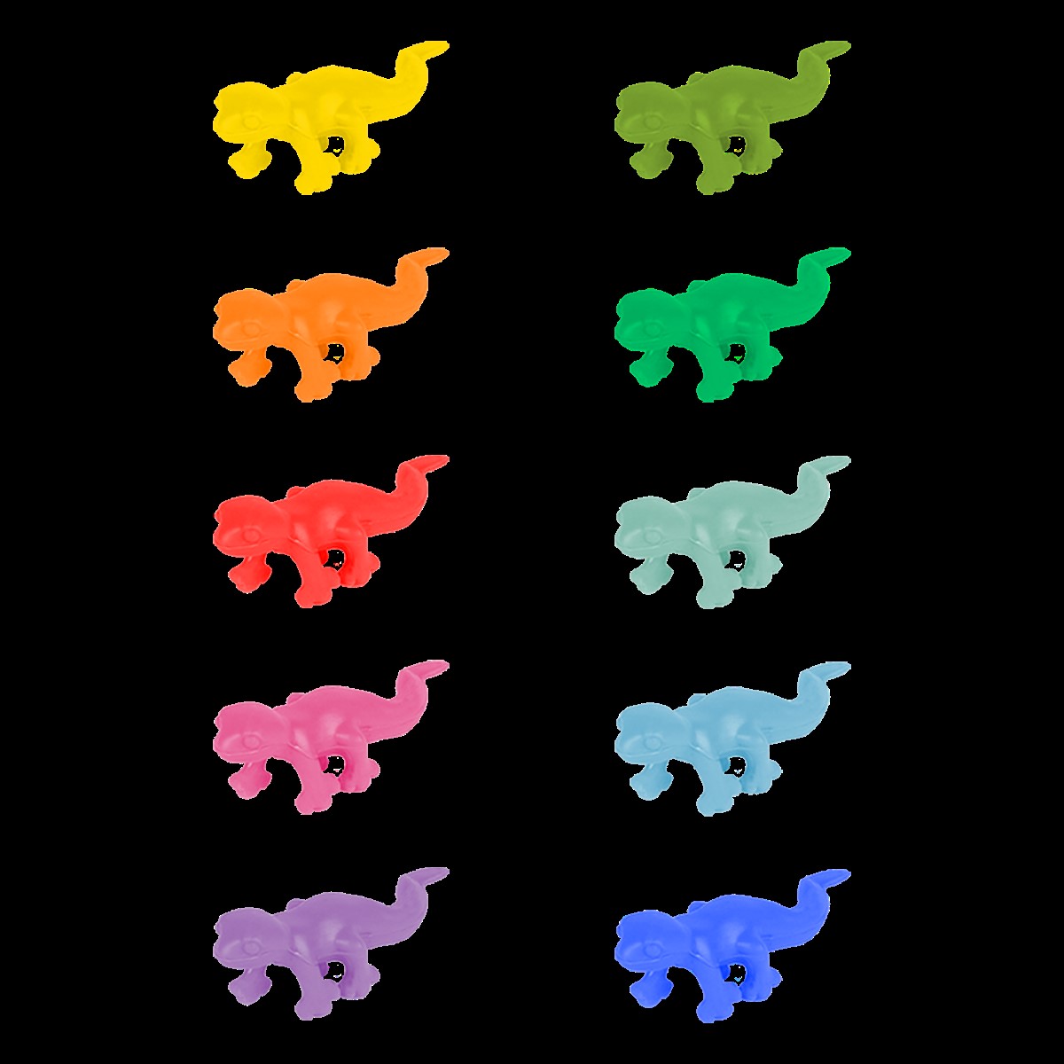 Das Bild zeigt zehn bunte Glasmarkierer in Form von kleinen Echsen. Sie sind in verschiedenen Farben angeordnet und gehören zum Set "Lucky Lurch 10er-Set".