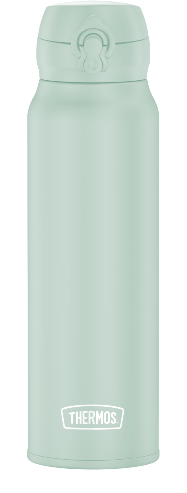 Auf dem Bild ist eine hellgrüne Thermosflasche zu sehen. Auf der Vorderseite steht das Logo "THERMOS".