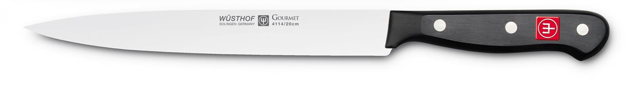 Das Bild zeigt ein Schinkenmesser mit einer 20 cm langen Klinge aus der Gourmet-Serie. Das Messer hat einen schwarzen Griff mit drei silbernen Nieten.