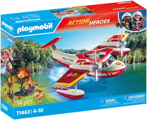 Auf dem Bild ist eine Playmobil-Box mit einem Wasserflugzeug zu sehen. Das Set gehört zur "Action Heroes"-Reihe und enthält 34 Teile für Kinder von 4 bis 10 Jahren.