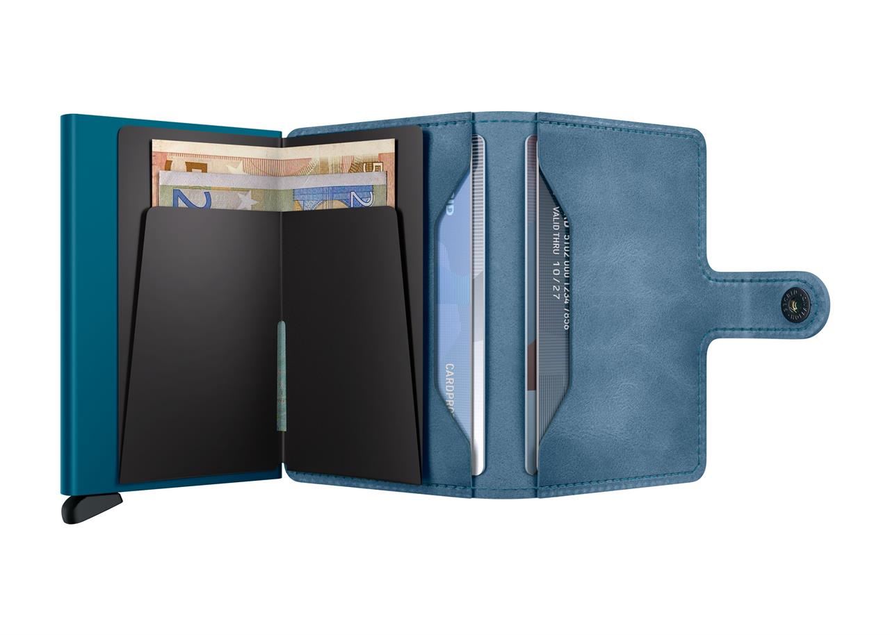 Das Bild zeigt das Produkt "Miniwallet Vintage Teal" in geöffnetem Zustand. Im Portemonnaie sind Geldscheine und mehrere Karten sichtbar.