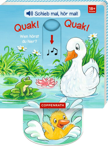 Auf dem Bild sieht man eine Ente und einen Frosch an einem Teich. Unten planscht ein Entenküken fröhlich im Wasser.