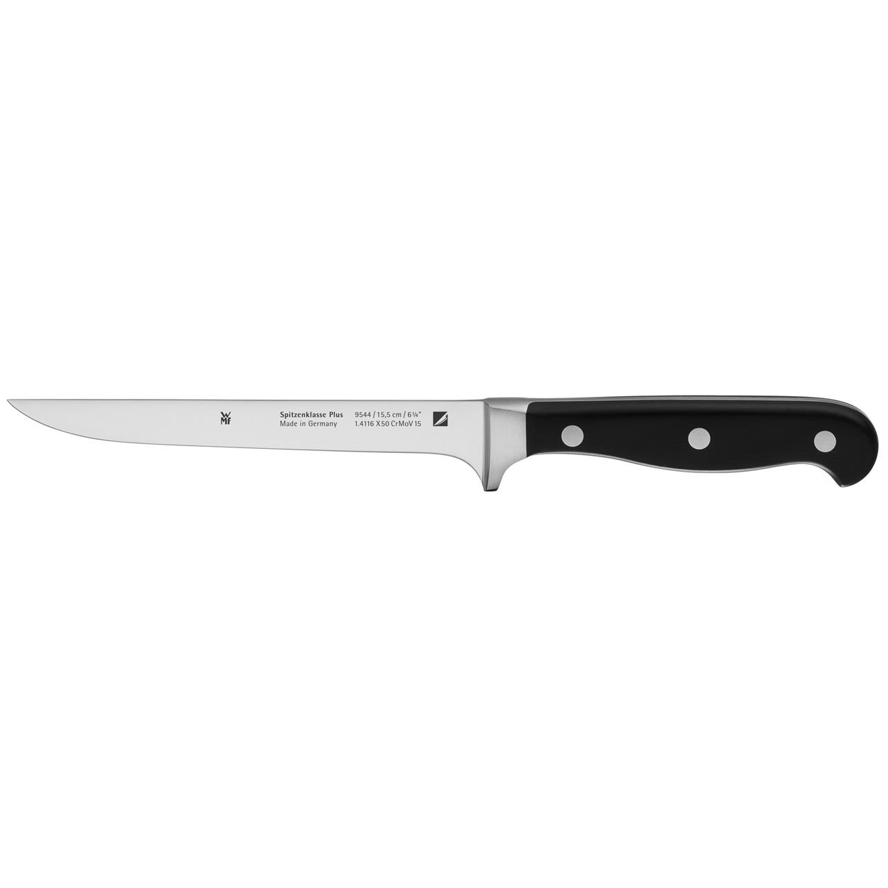 Das Bild zeigt ein Ausbeinmesser mit einer schmalen, spitzen Klinge und einem schwarzen Griff. Es handelt sich um das Modell "Spitzenklasse P 15,5 cm".