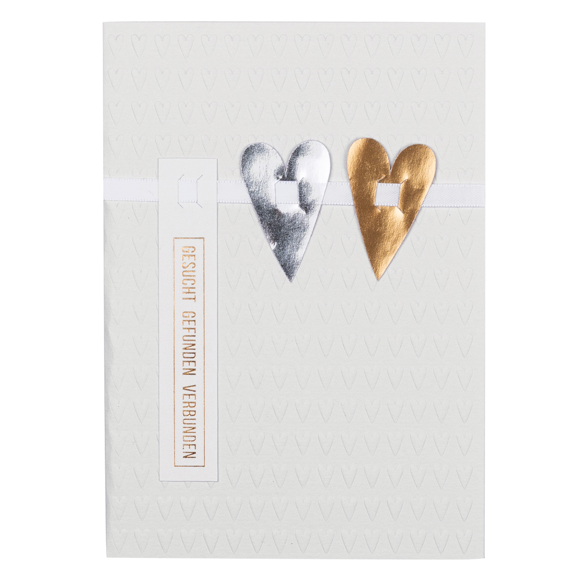 Auf der Karte sind ein silbernes und ein goldenes Herz abgebildet. Daneben steht der Text "GESUCHT GEFUNDEN VERBUNDEN".