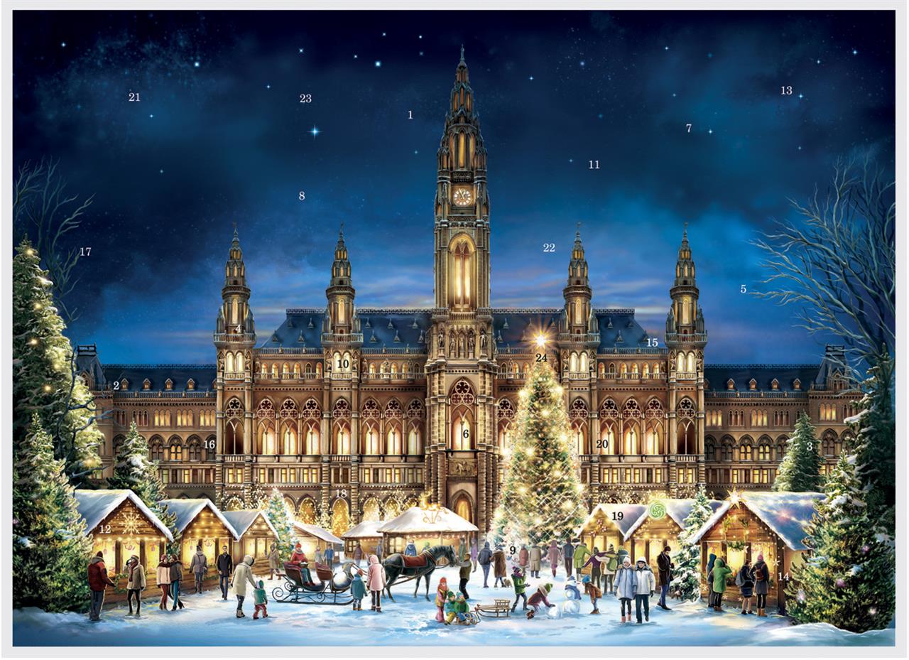 Das Bild zeigt einen festlich beleuchteten Weihnachtsmarkt vor dem Wiener Rathaus bei Nacht. Vor dem großen, geschmückten Weihnachtsbaum tummeln sich viele Menschen zwischen kleinen, verschneiten Buden im Schnee.