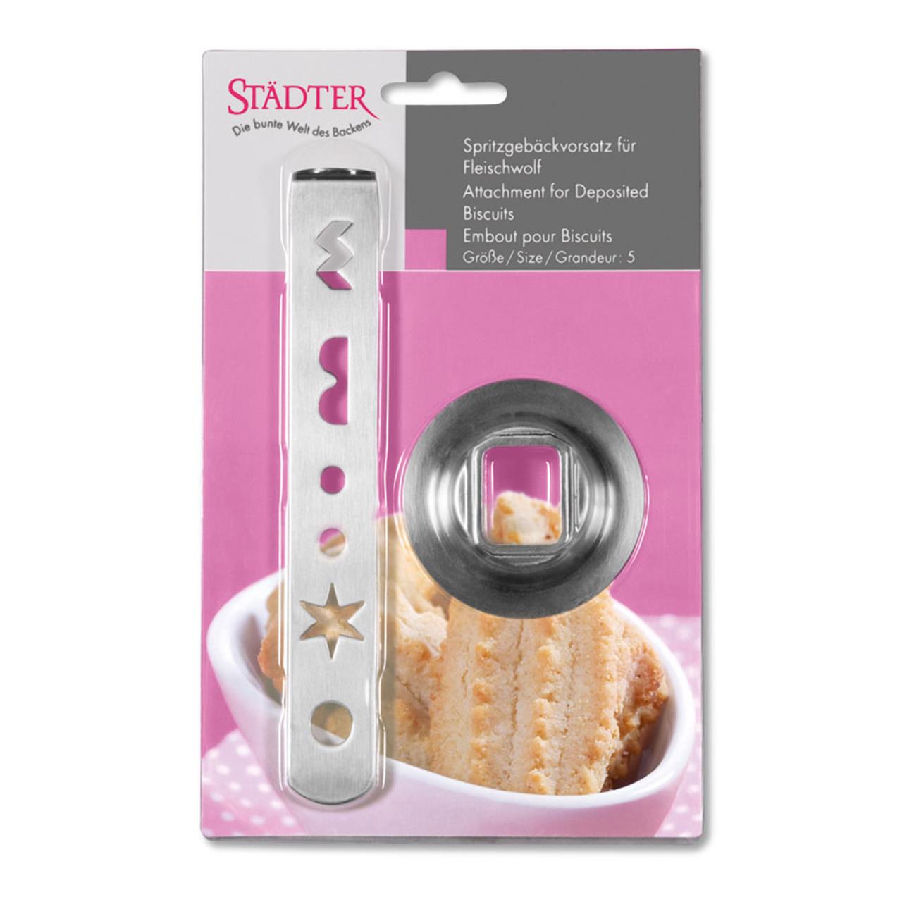 Das Bild zeigt den "Gebäckvorsatz 5er" von Städter, einen Aufsatz für Spritzgebäck. Im Paket sind verschiedene Formen aus Metall zur Herstellung von Keksen enthalten.