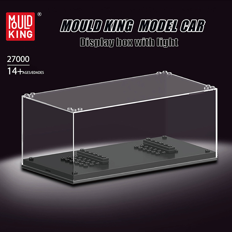Dies ist eine beleuchtete Vitrine für Modellautos von Mould King mit der Produktnummer 27000. Sie ist transparent und eignet sich zum Ausstellen von Miniautos.