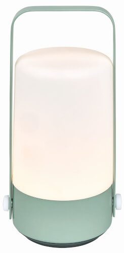 Auf dem Bild ist eine moderne, tragbare Lampe zu sehen. Sie hat ein mattes, zylindrisches Design mit einem Henkel zum einfachen Transport.