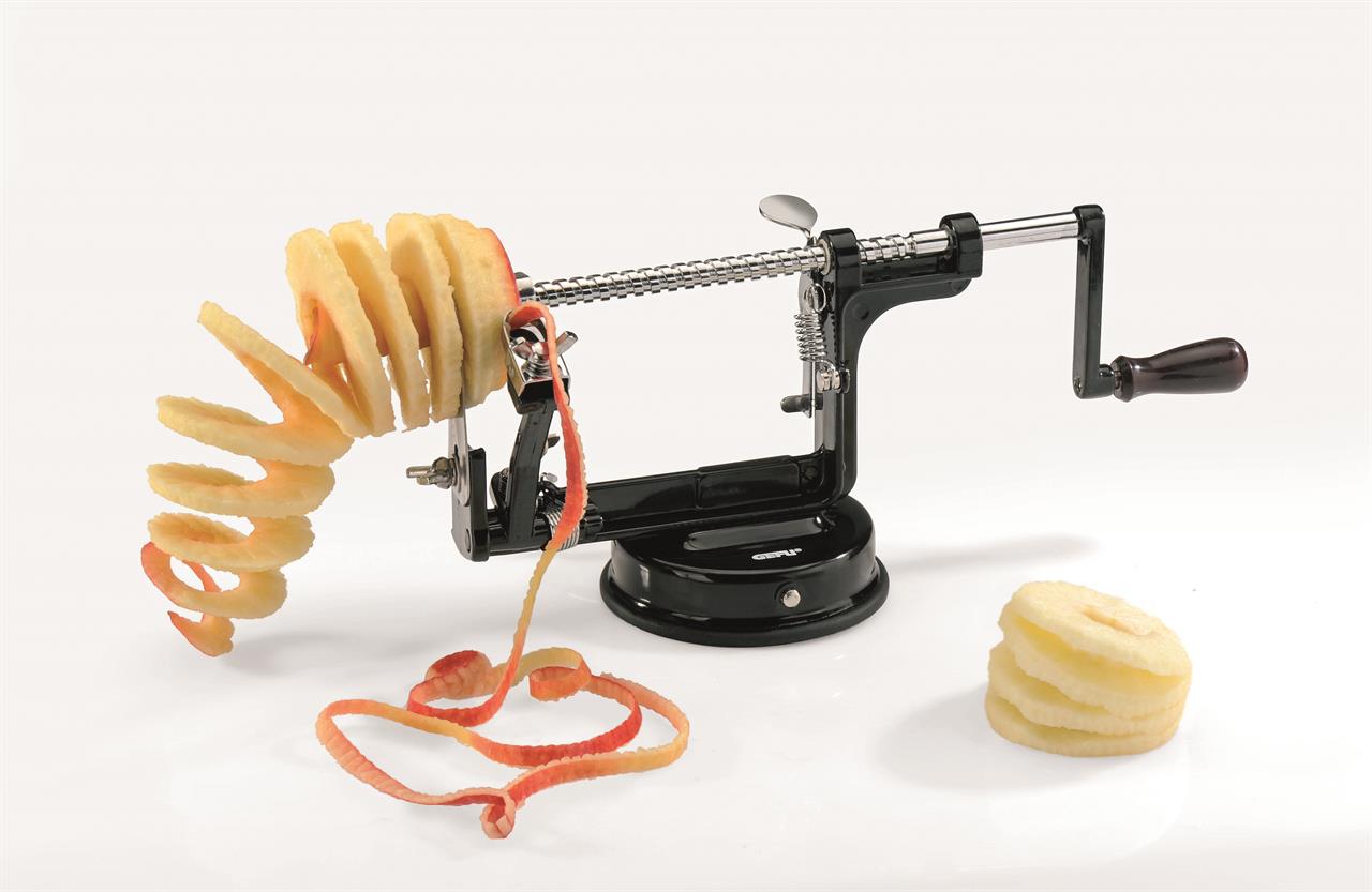 Der Apfelschäler Delicio 3 in 1 schält, entkernt und schneidet Äpfel in Spiralen. Das Gerät ist einfach zu bedienen und spart Zeit bei der Zubereitung von Äpfeln.