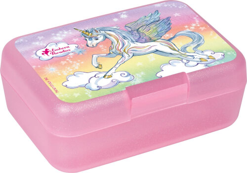 Die Abbildung zeigt eine rosa Brotdose mit einem Einhornmotiv auf dem Deckel. Im Hintergrund sind bunte Wolken und Sterne abgebildet.