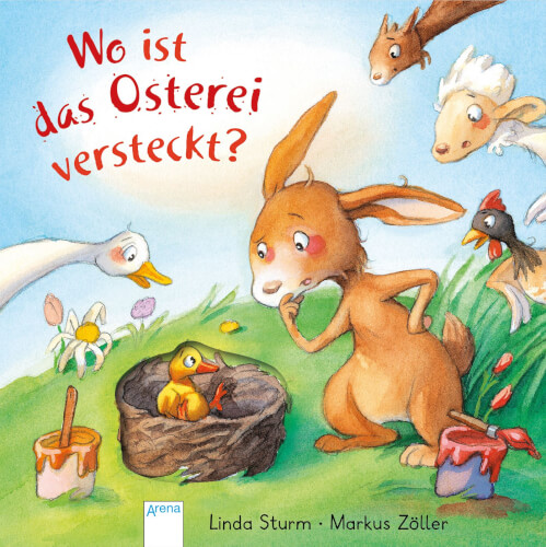 Ein Hase sucht nach einem versteckten Osterei und schaut neugierig in ein Nest. Um ihn herum sind andere Tiere, wie Enten und Hühner, und bunte Farben.