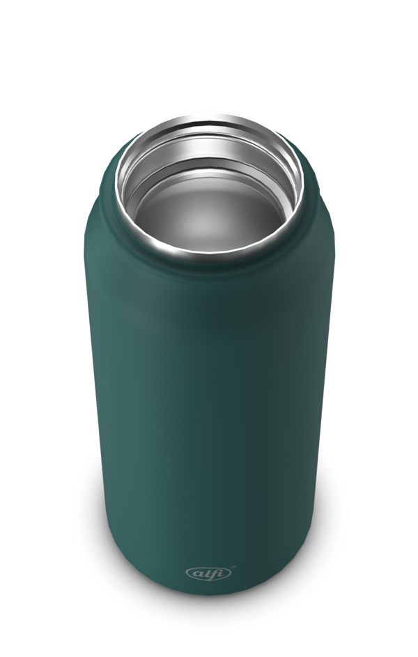 Nahaufnahme eines Thermobechers oder Flasche. Das Foto zeigt das Produkt von der Seite.
