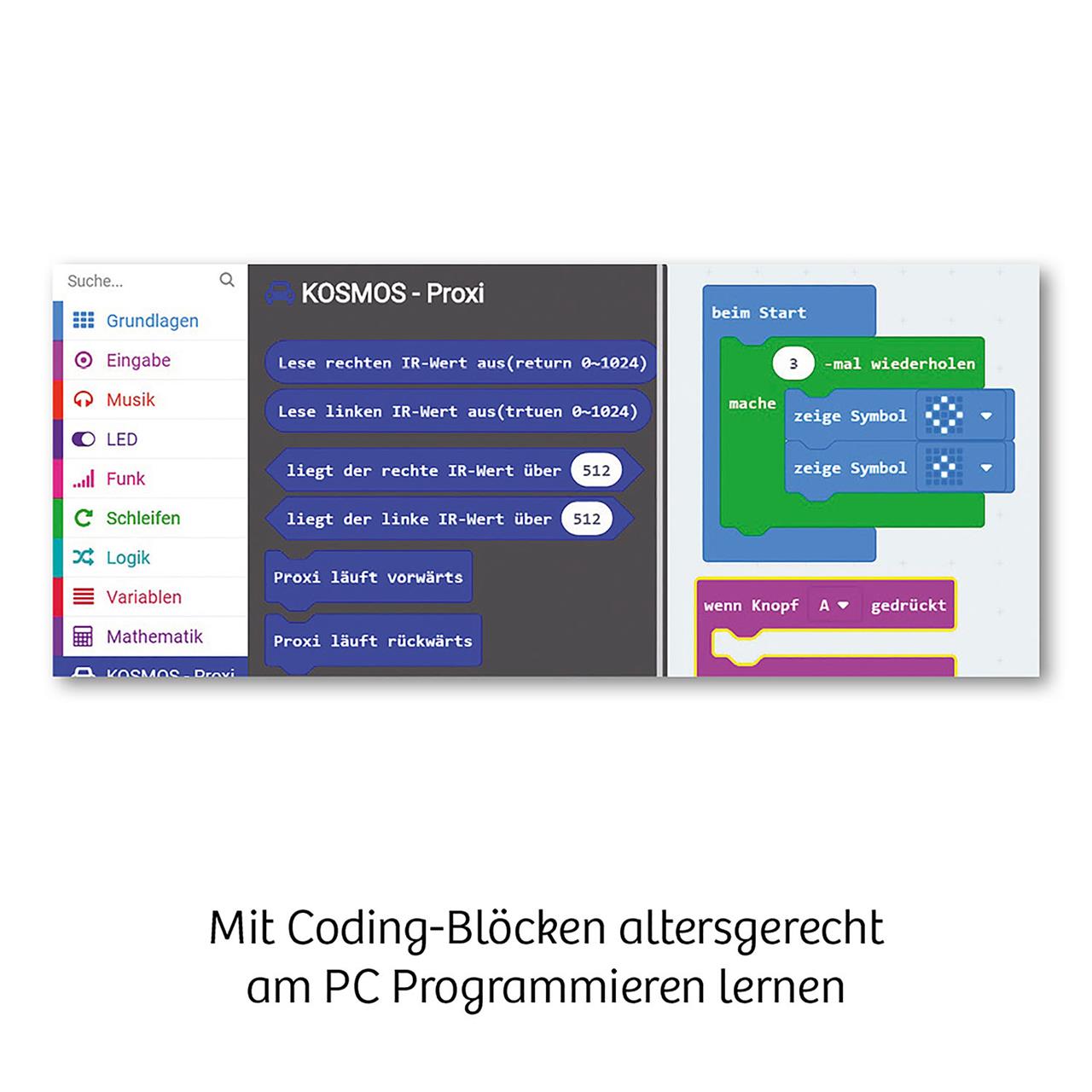 Auf dem Bild sieht man eine Programmieroberfläche mit farbigen Coding-Blöcken für den Proxi micro:bit Roboter. Darunter steht der Text: "Mit Coding-Blöcken altersgerecht am PC Programmieren lernen."