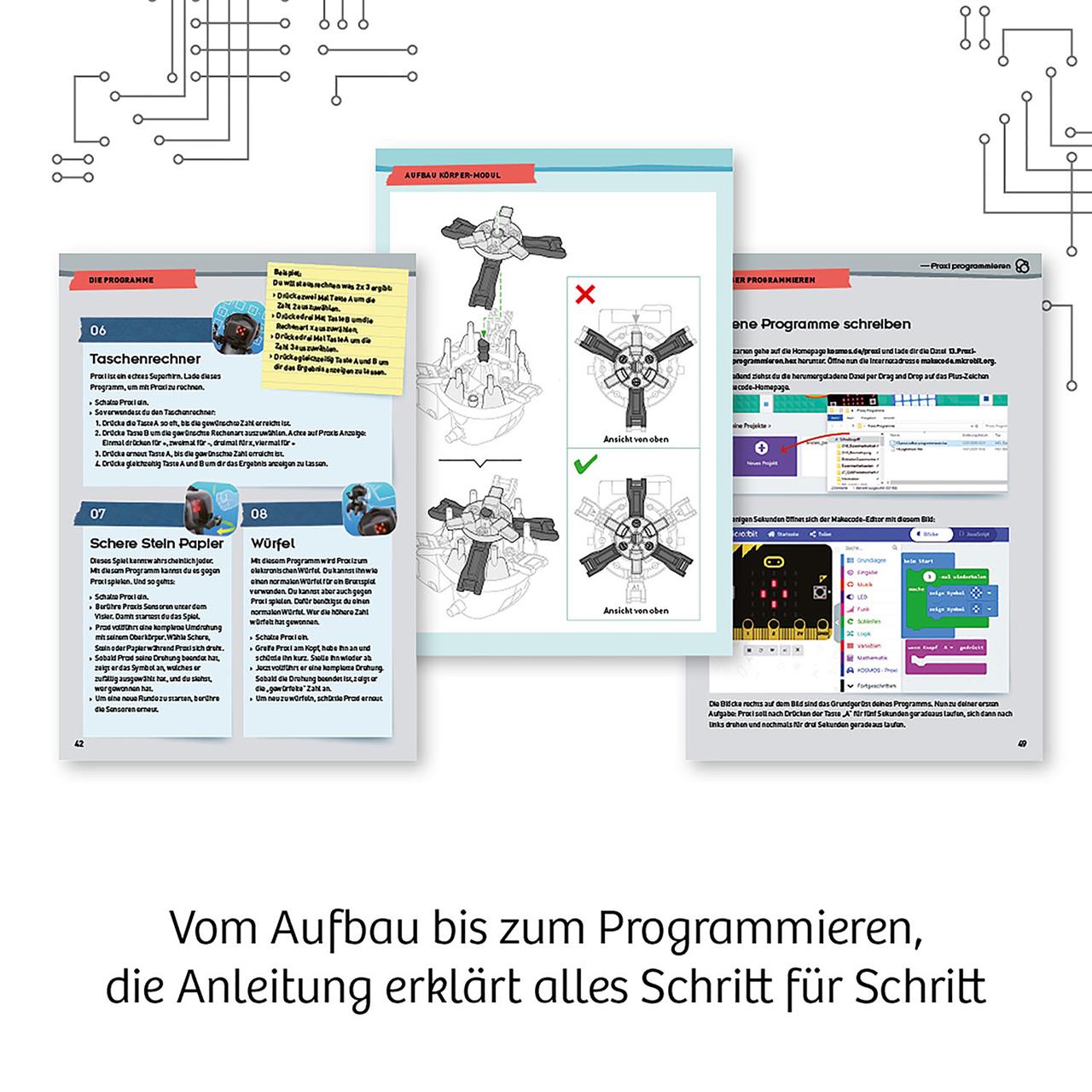 Das Bild zeigt Anleitungsseiten für den Proxi micro:bit Programmier-Roboter. Unten steht: "Vom Aufbau bis zum Programmieren, die Anleitung erklärt alles Schritt für Schritt."