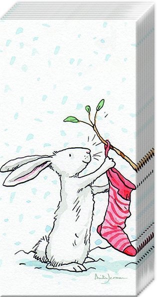 Charming Snow Rabbits Papiertaschentücher PT 72810 präsentiert süße Schneehäschen auf einer Papiertaschentuchpackung. Das Motiv wirkt winterlich und freundlich.