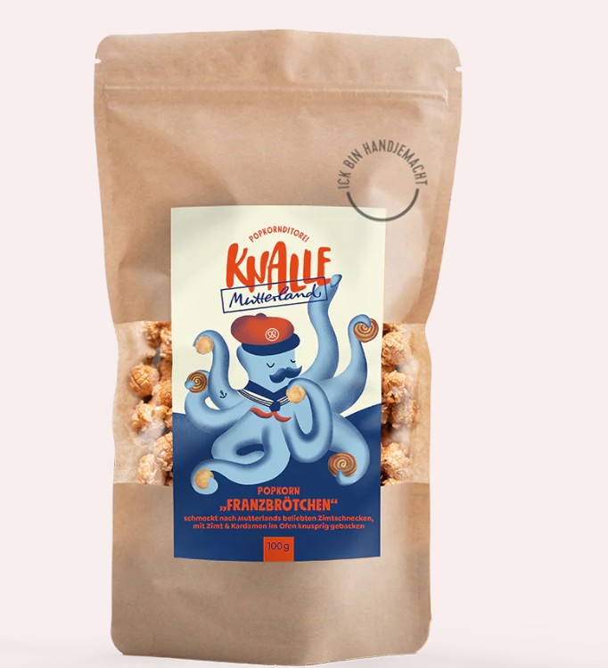 Knalle Popcorn Franzbrötchen 100g in der Verpackung. Die Packung zeigt das Produkt deutlich.