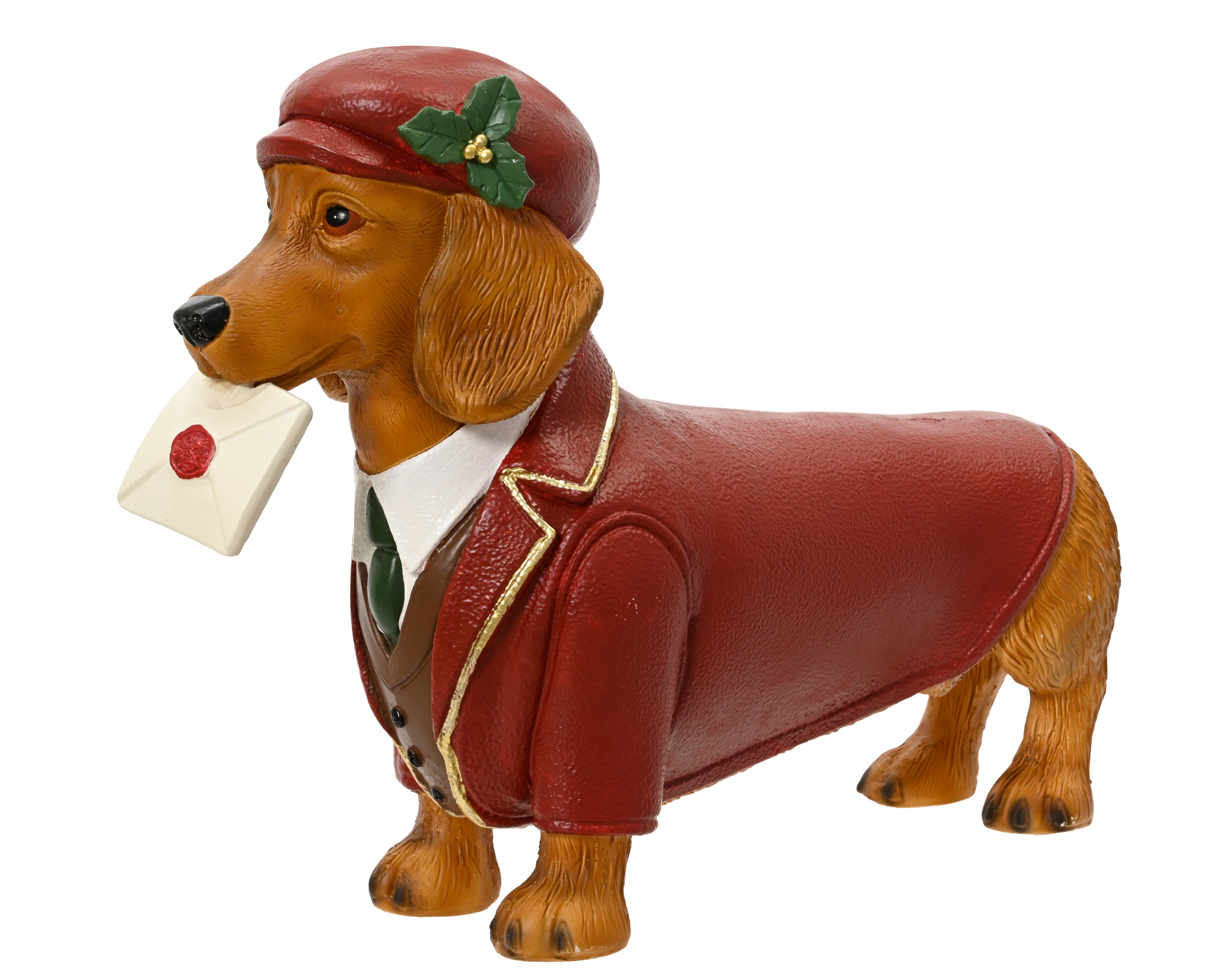 Zu sehen ist eine Hund Figur aus Magnesium. Die Figur stellt einen sitzenden Hund dar.
