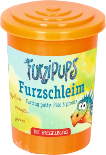 Das Bild zeigt eine orangefarbene Dose mit der Aufschrift "Furzschleim" und einem bunten Drachen darauf. Es handelt sich um ein Spielzeug mit dem Namen "Furzpups Farting putty".