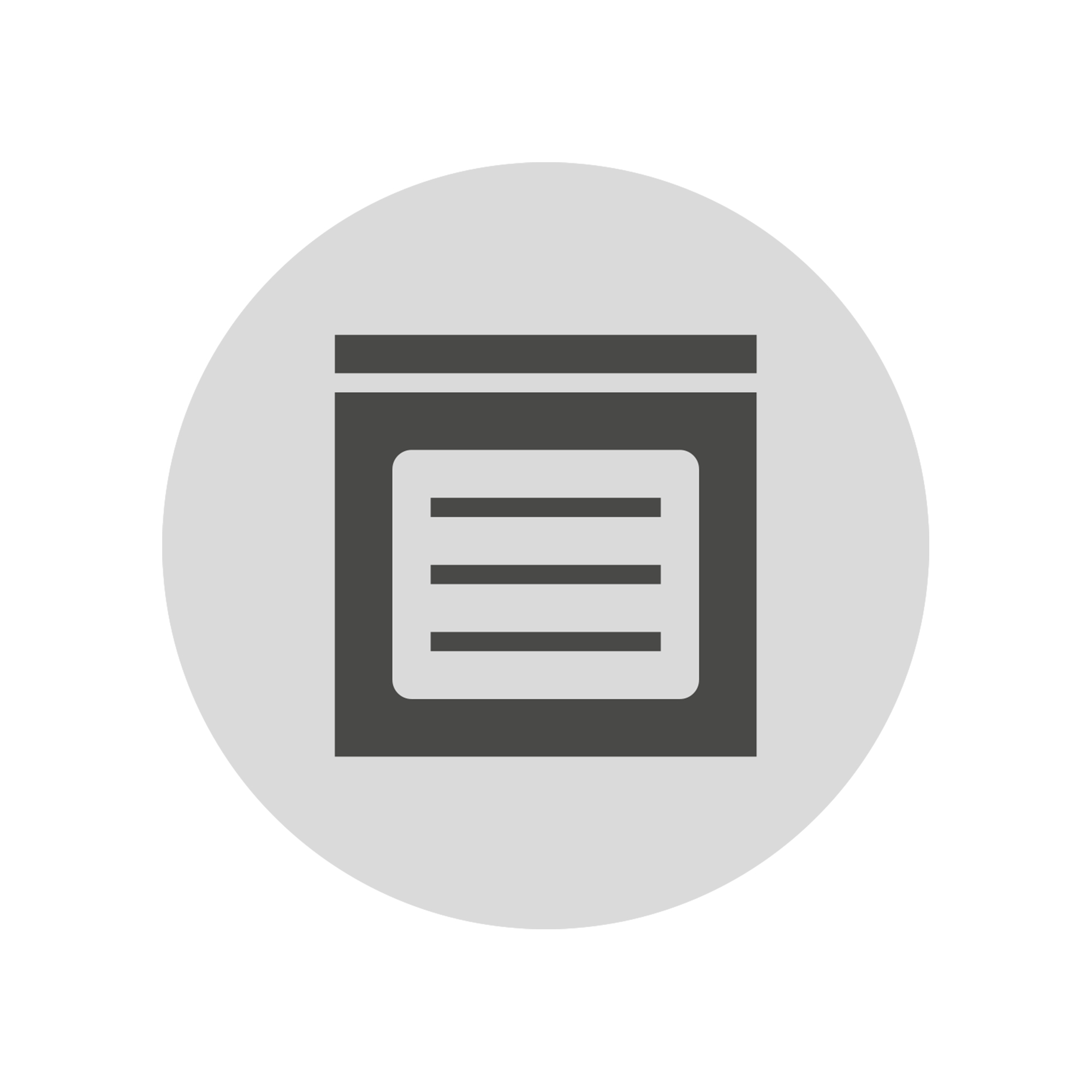 Das Bild zeigt ein graues Symbol mit einem stilisierten Dokument und Linien, die Text darstellen. Im Hintergrund befindet sich ein großer grauer Kreis.