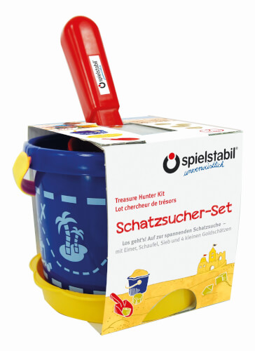 Auf dem Bild ist ein Spielset für Schatzsucher von spielstabil zu sehen. Das Set besteht aus einem blauen Eimer, einer roten Schaufel und weiterem Zubehör.