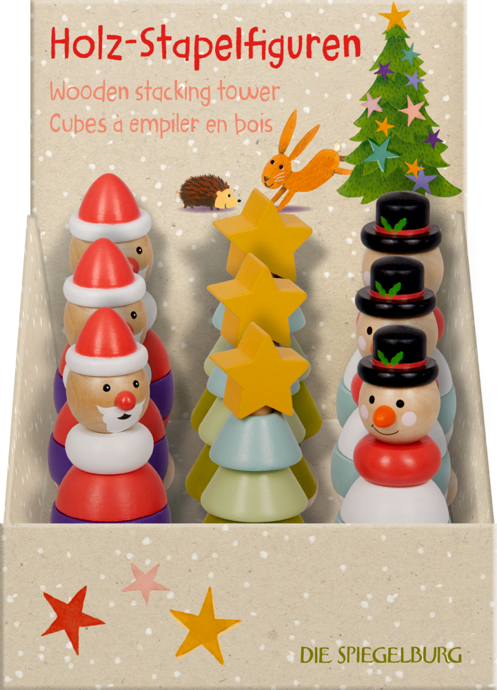 Hier sieht man die „Winterzauber Im Weihnachtswald - Holz-Stapelfigure“. Die Holzfigur passt gut zu winterlicher Dekoration.
