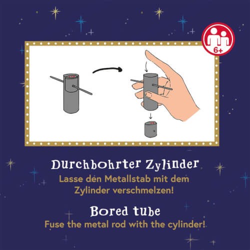 Auf dem Bild ist ein Zylinder mit einem Metallstab zu sehen, der durch ihn hindurchgeht. Eine Hand hält den Zylinder und zeigt, wie der Metallstab mit dem Zylinder verschmolzen werden soll.