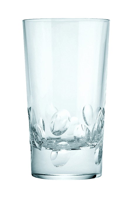 Das Bild zeigt ein Longdrinkglas namens "Cluny". Das Glas ist durchsichtig und hat ein dekoratives Muster am unteren Rand.