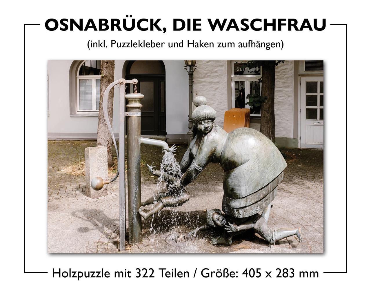 Das Bild zeigt das Holzpuzzle "Osnabrück, Die Waschfrau" mit einer Abbildung der bekannten Waschfrauen-Statue. Das Puzzle besteht aus 322 Teilen und hat eine Größe von 405 x 283 mm.