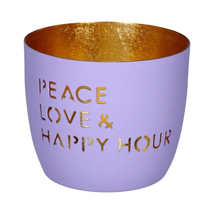 Hier ist das Madras, Windlicht, M, Motiv: Peace, Love & Happy h zu sehen. Dieses Windlicht hat ein friedliches und positives Motiv.