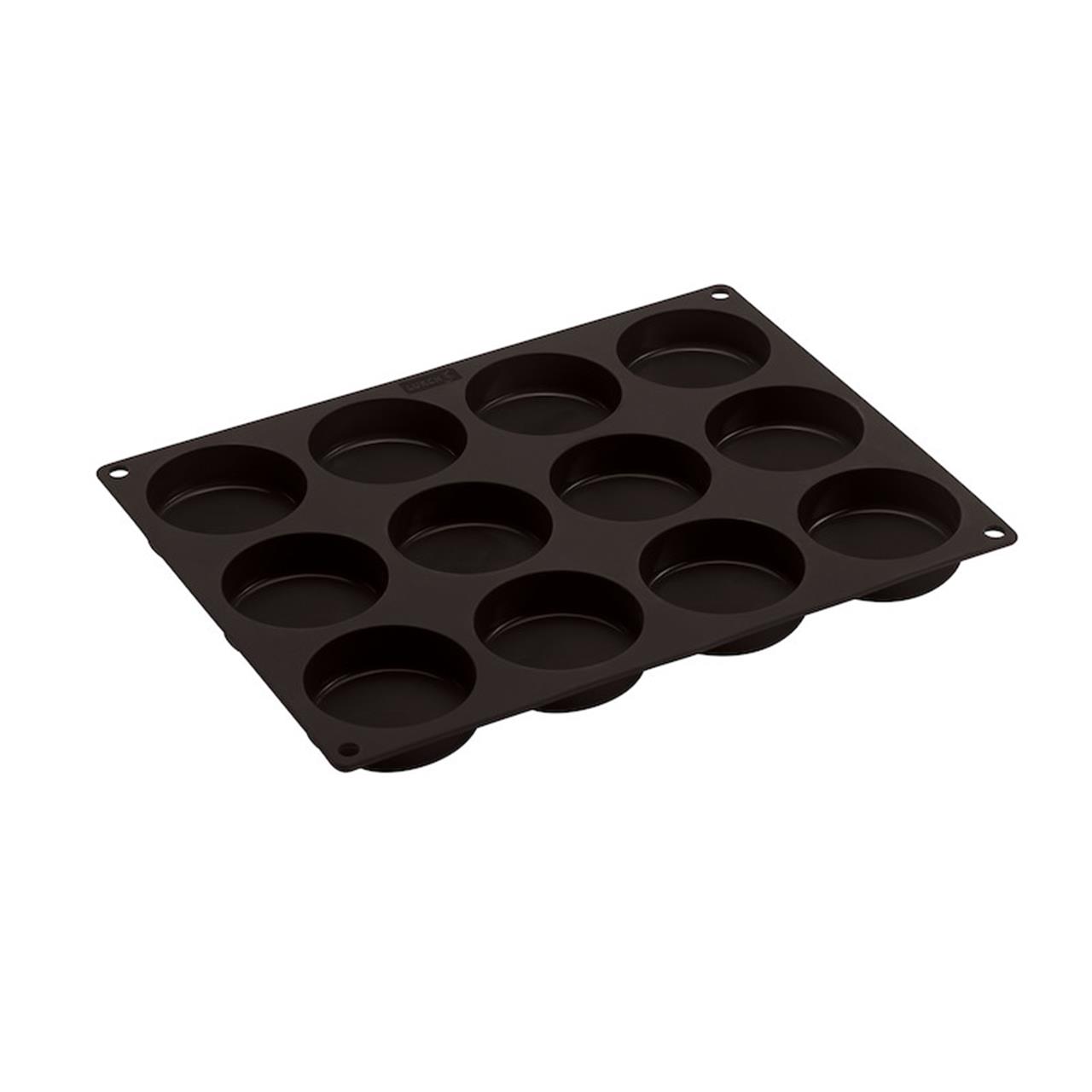 Das Bild zeigt eine schwarze Backform mit zwölf runden Mulden. Es handelt sich um das Produkt "Flexiform Burger Bun Größe S 6cm".