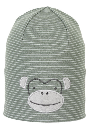 Die Mütze ist grau mit feinen weißen Streifen. Vorne ist ein lächelndes Affengesicht aufgestickt.
