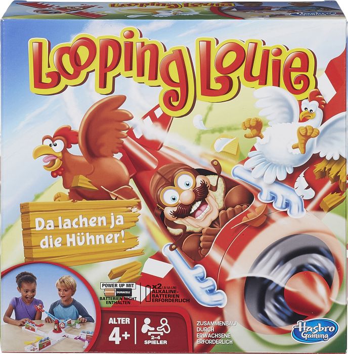 Auf dem Bild ist die Verpackung des Spiels "Looping Louie" zu sehen. Ein lustiger Pilot fliegt mit seinem Flugzeug zwischen aufgeregten Hühnern hindurch.