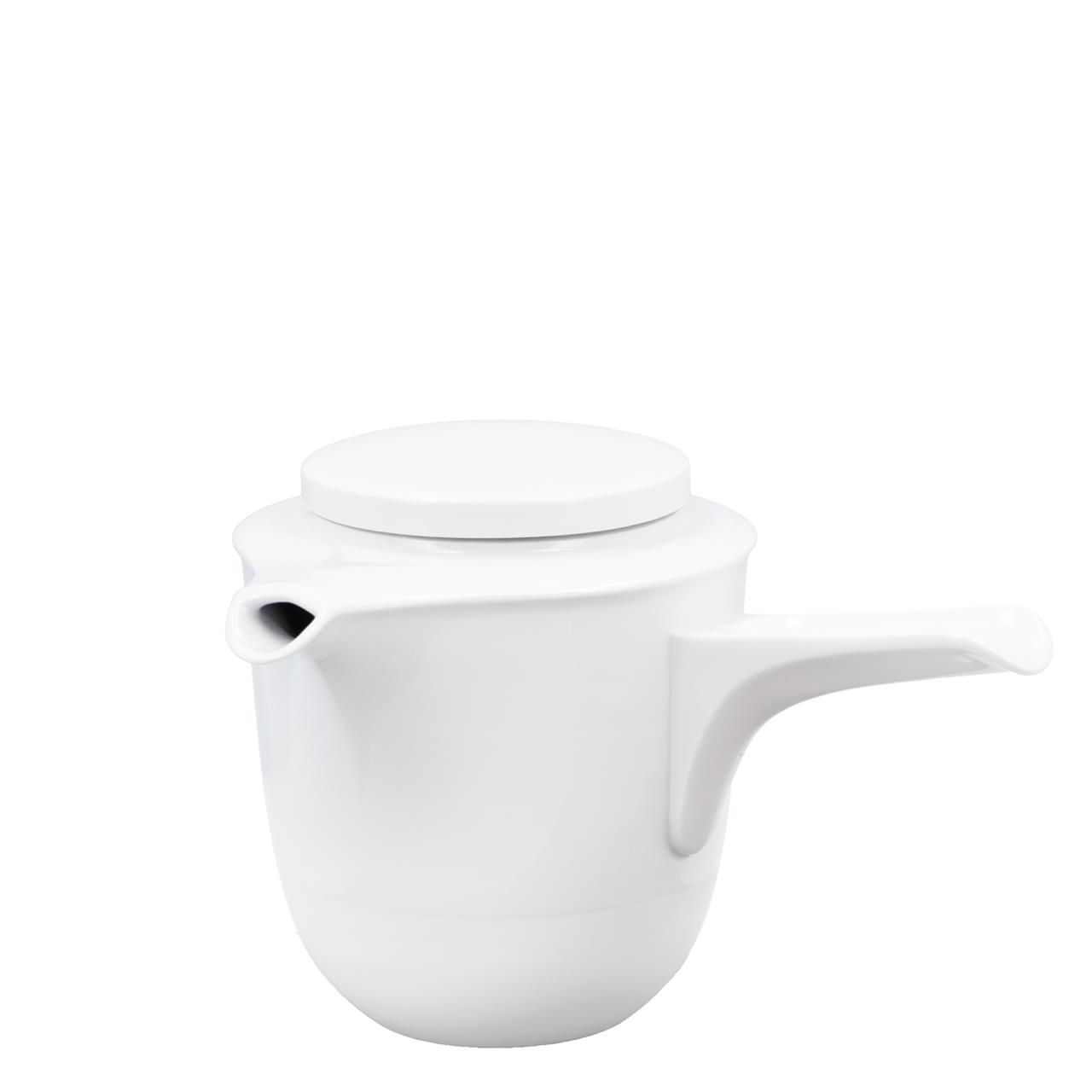 Auf dem Bild ist eine weiße Teekanne mit seitlichem Griff zu sehen. Sie hat ein Fassungsvermögen von 0,8 Litern und wird im Geschenkkarton angeboten.