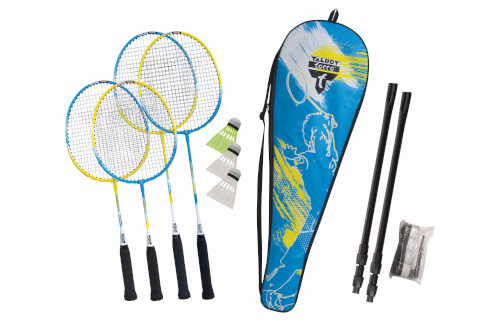 Auf dem Bild ist ein Badminton-Set mit vier Schlägern, drei Federbällen, einem Netz, zwei Pfosten und einer blauen Tragetasche zu sehen. Das Set eignet sich ideal für Spiele im Freien.