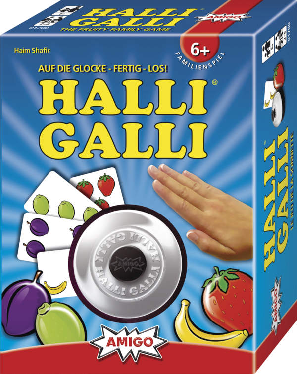 Auf dem Bild ist die Verpackung des Spiels "Halli Galli" zu sehen. Die Schachtel zeigt eine Hand, Karten mit Früchten und eine Klingel in der Mitte.