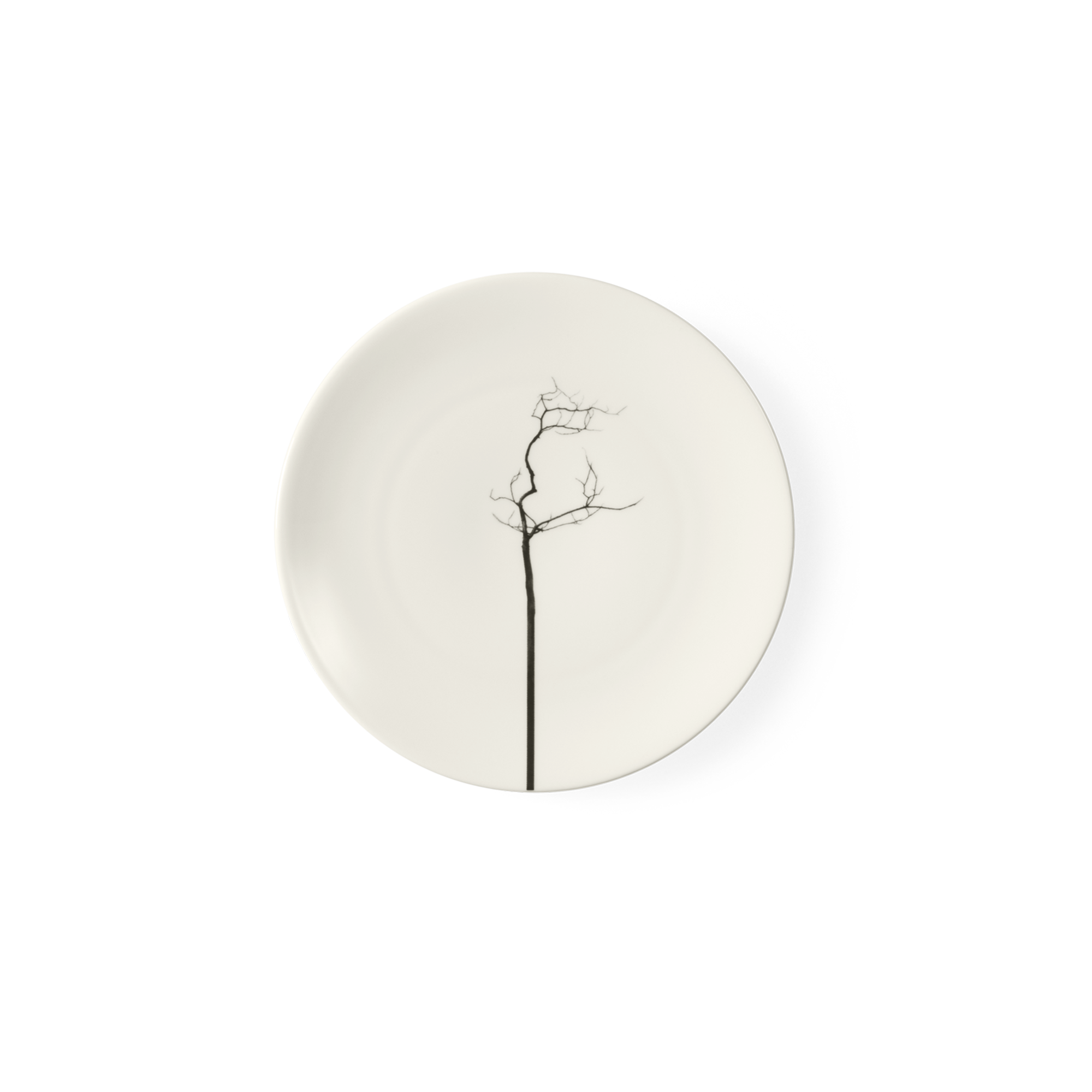 Das Bild zeigt einen flachen Teller mit 16 cm Durchmesser aus Black Forest Fine Bone China. Dieser kleinere Teller eignet sich ideal für Vorspeisen oder Beilagen.