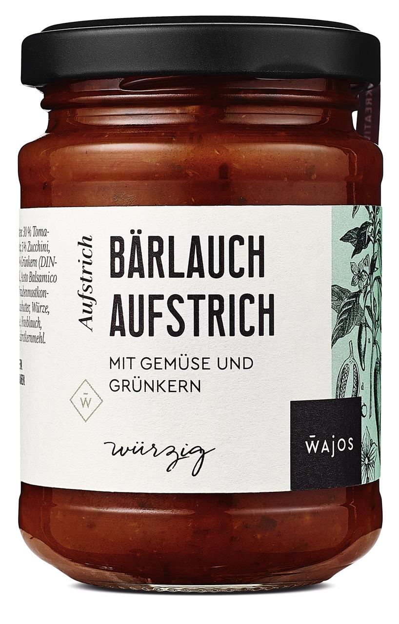 Das Bild zeigt ein Glas Bärlauch Gemüse-Aufstrich mit 175g Inhalt. Das Etikett beschreibt den Aufstrich als würzig und enthält Gemüse und Grünkern.