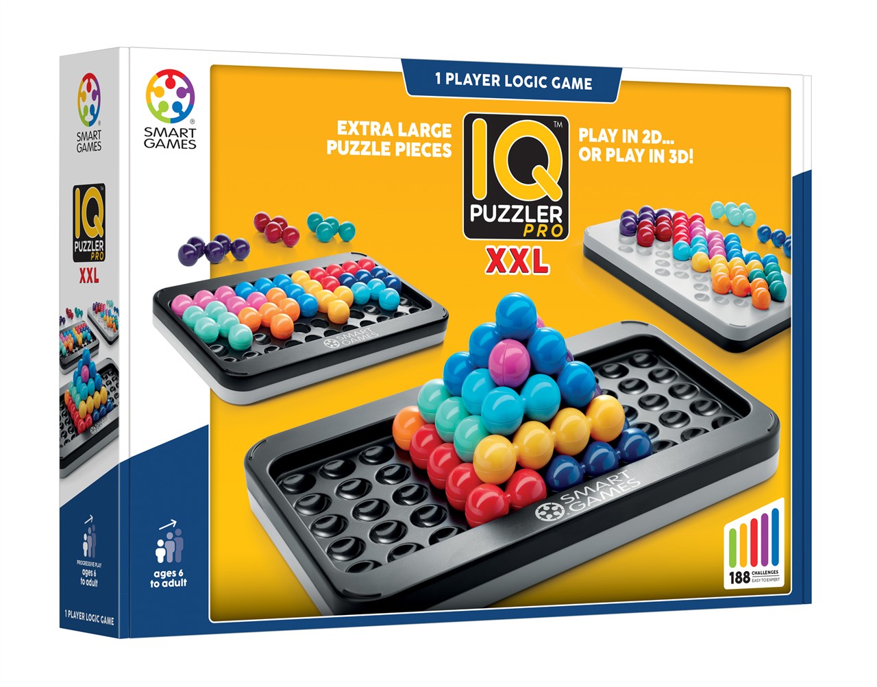 Das Bild zeigt das Produkt "IQ Puzzler PRO XXL" von Smart Games, ein Logikspiel mit extra großen Puzzleteilen. Es kann sowohl in 2D als auch in 3D gespielt werden und enthält 188 Herausforderungen.