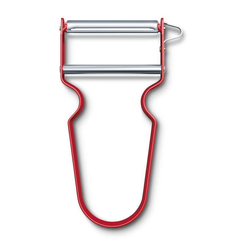 Das Bild zeigt einen roten Sparschäler aus Aluminium. Er hat ein schlichtes, offenes Design mit einer Metallklinge.