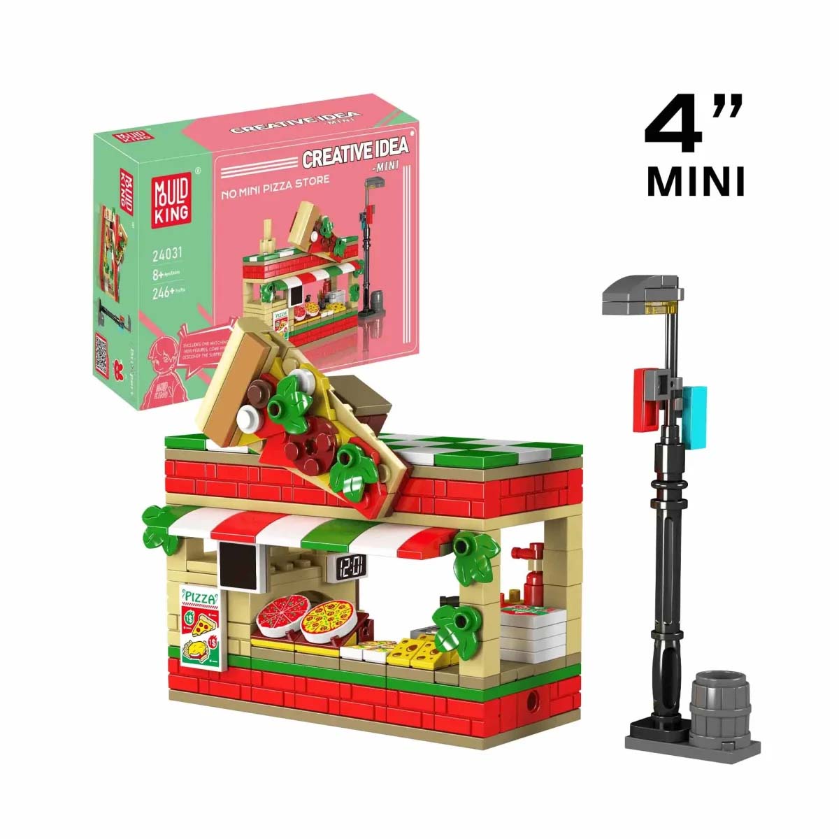 Das Bild zeigt das Mould King® 24031 Pizzeria Bauset mit einer kleinen, bunten Pizzeria aus Bausteinen. Neben dem Gebäude steht eine Straßenlaterne, und im Hintergrund ist die Verpackung des Sets zu sehen.