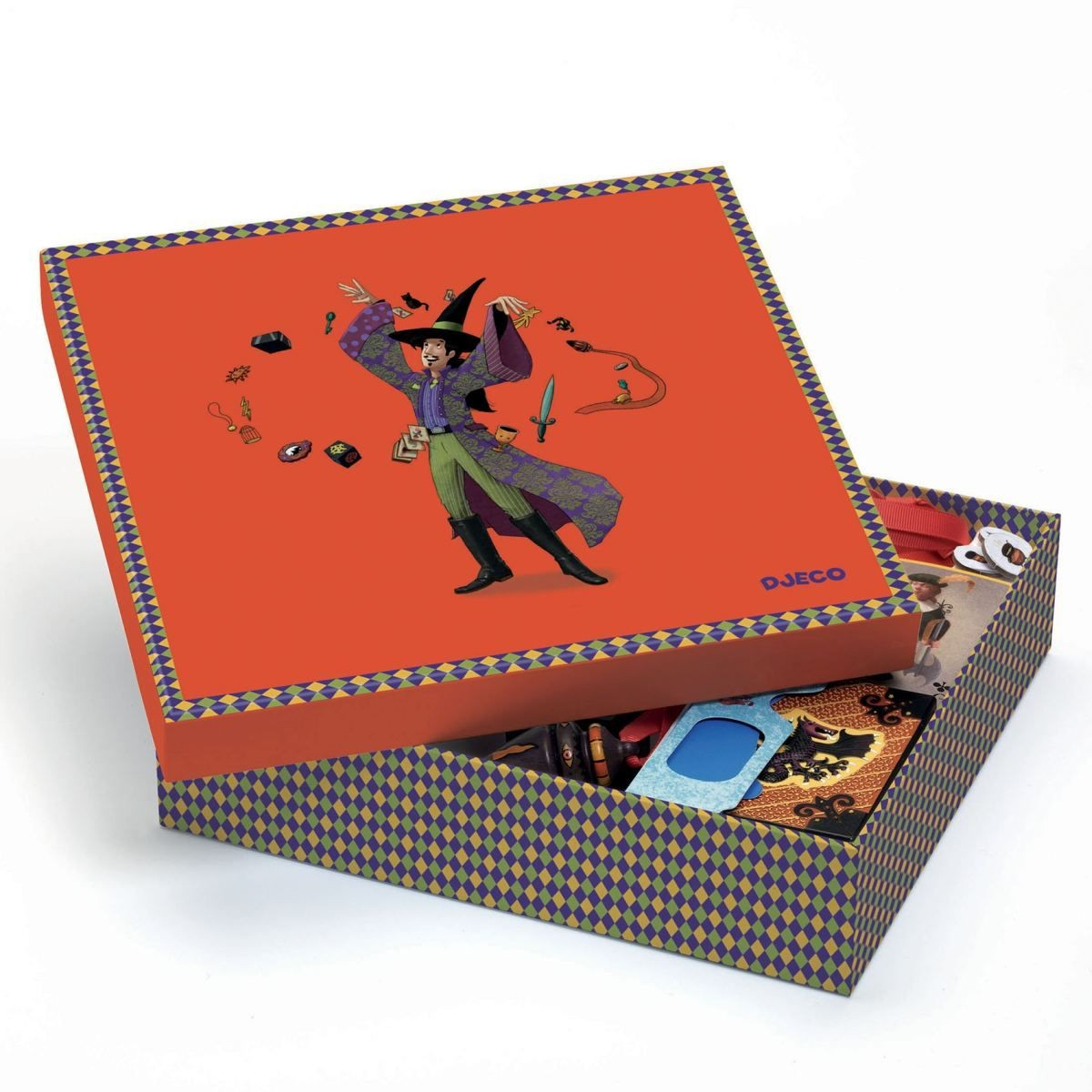 Die Abbildung zeigt die Verpackung des Produkts "Zaubertricks: Incredibile Magus" von Djeco. Der bunte Karton ist teilweise geöffnet und zeigt einen Zauberer auf dem Deckel sowie einige Zauberutensilien im Inneren.