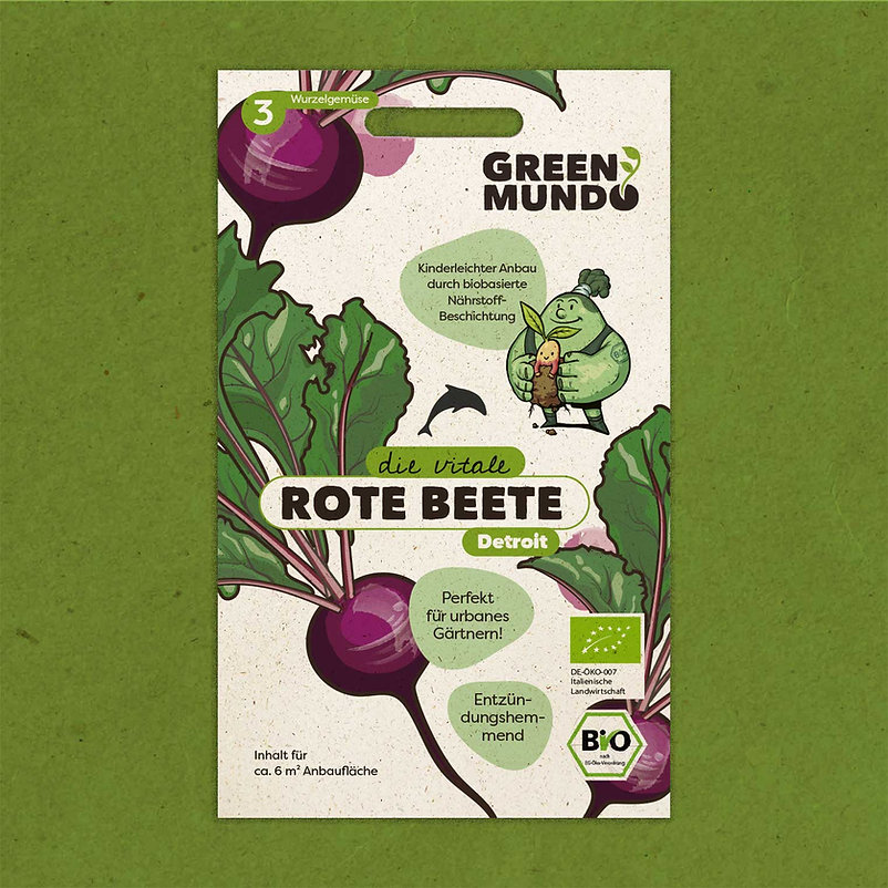 Auf dem Bild ist eine Packung mit BIO-Saatgut für Rote Bete der Sorte "Detroit" zu sehen. Die Verpackung ist hauptsächlich grün und weiß gestaltet und zeigt eine Illustration von Roter Bete.