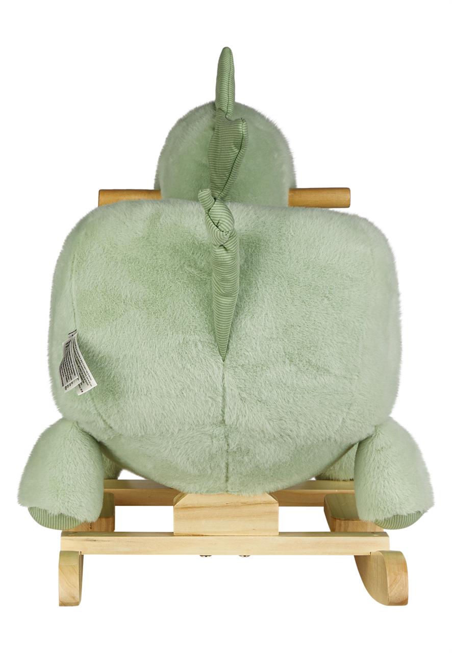 Das Bild zeigt ein Schaukeltier in Form eines Dinosauriers namens "Dino Rexi" in der Farbe Pudergrün. Das Schaukeltier besteht aus weichem Plüsch und hat ein Gestell aus Holz.