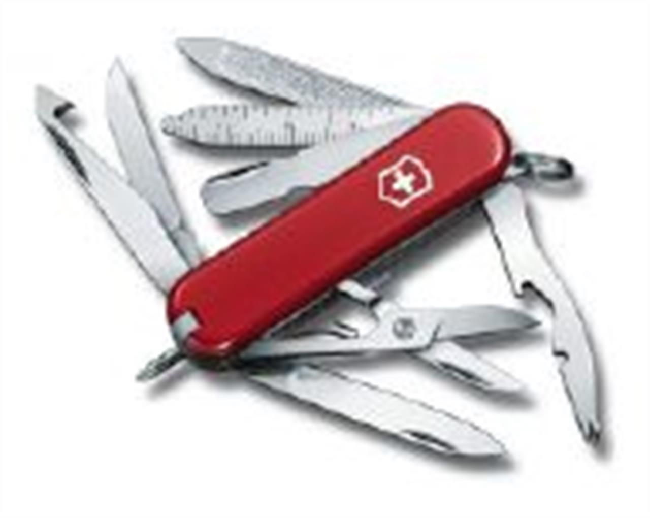 Das Bild zeigt ein rotes Schweizer Taschenmesser mit mehreren ausgeklappten Werkzeugen. Auf dem Griff ist das typische weiße Kreuz-Logo zu sehen.