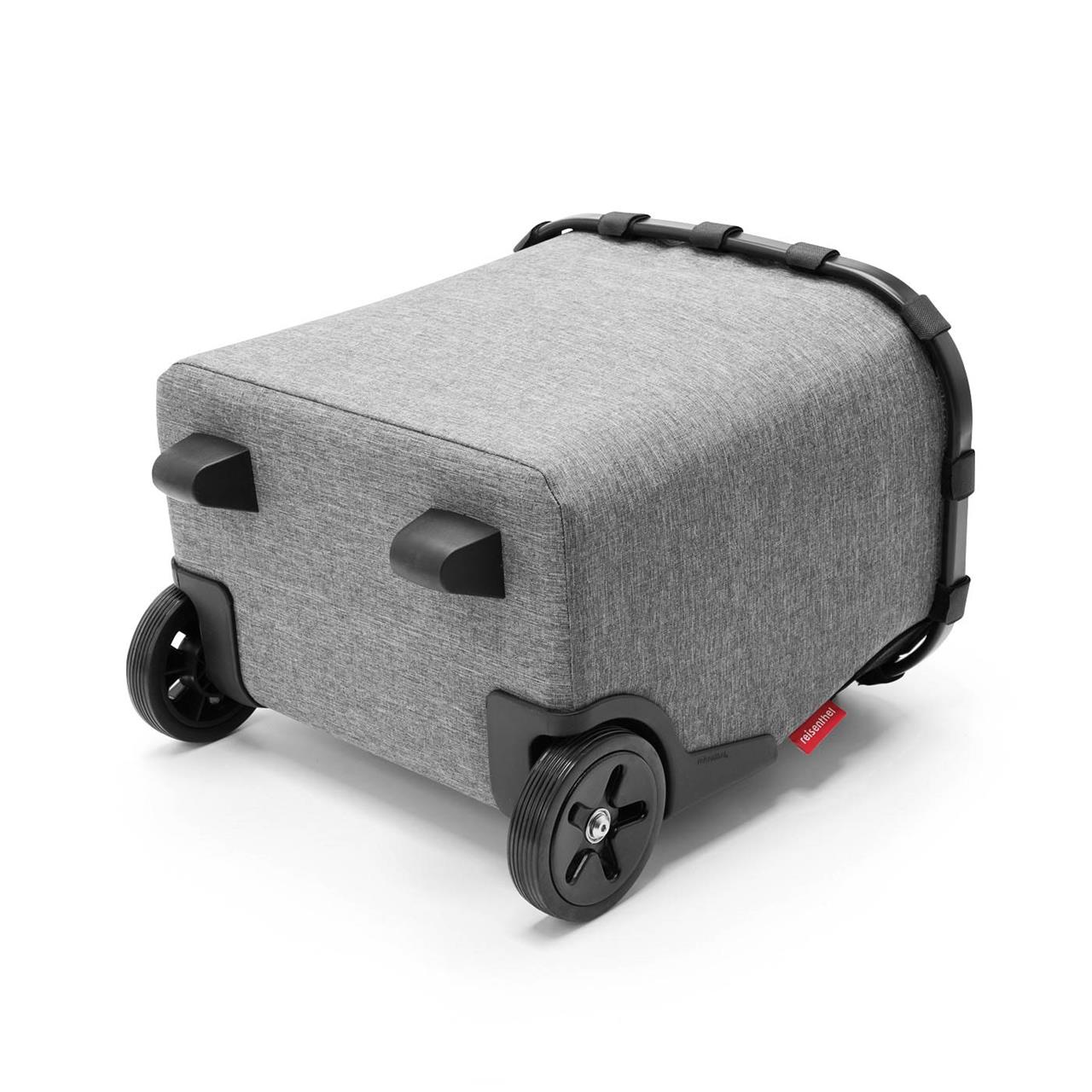 Der "carrycruiser frame twist silver" ist ein moderner Einkaufstrolley mit stabilen Rädern. Er hat ein elegantes, graues Design und einen praktischen Tragegriff.