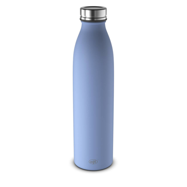 Auf diesem Bild sieht man eine hellblaue Isolierflasche. Sie steht aufrecht auf einem hellen Untergrund.