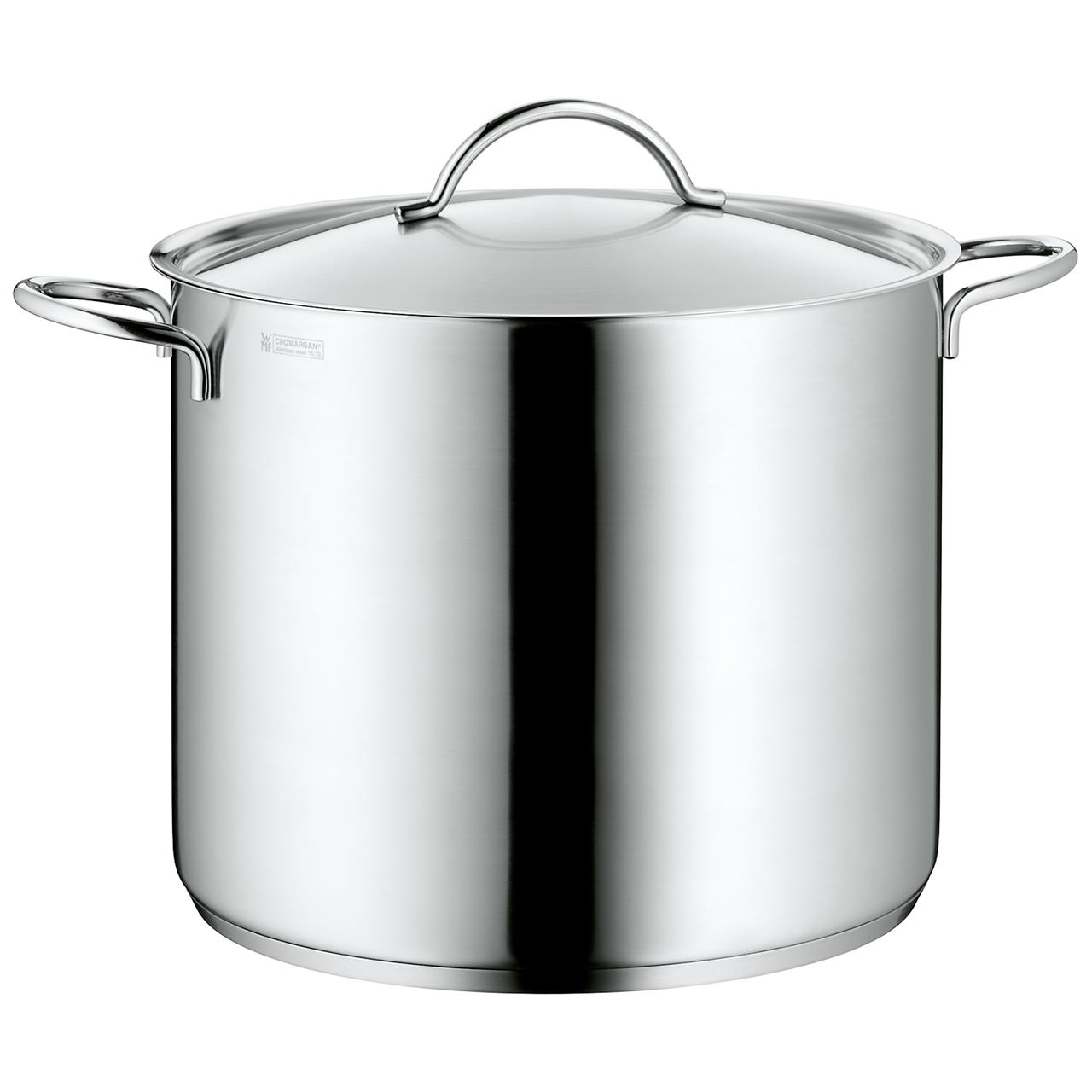 Der Gemüsetopf 28cm ist ein großer Kochtopf aus Edelstahl mit Deckel. Er hat zwei seitliche Griffe und eignet sich ideal zum Kochen von Gemüse.