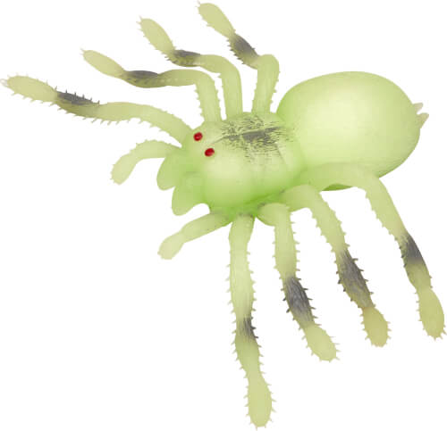 Das Bild zeigt eine künstliche Spinne mit acht Beinen und roten Augen. Sie ist hellgrün mit dunklen Spitzen an den Beinen.